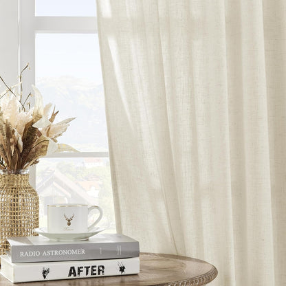 Joydeco off-white semi-sheer linen curtains filtering light in a living room, showing fabric texture.