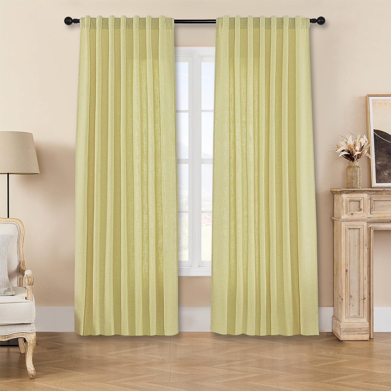 Joydeco Semi-Sheer Curtains Linen 2 Panels Set, Curtains for Living Room, Light Filtering Curtains , Living Room Curtains - Joydeco