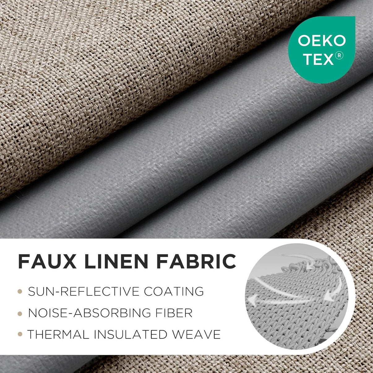 Joydeco dual-layer blackout curtain fabric: textured faux linen, gray backing, OEKO-TEX. Room darkening, energy saving.