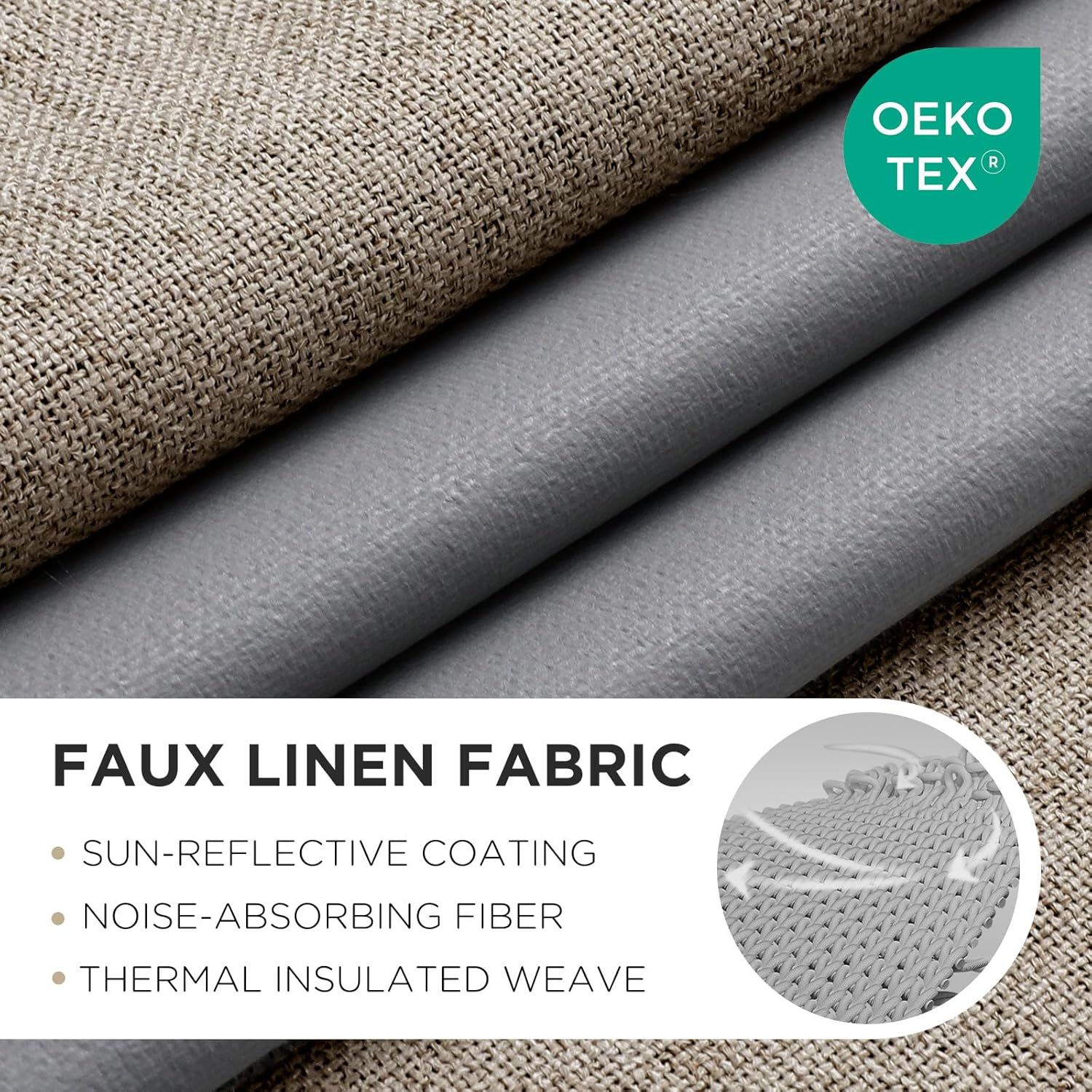 Joydeco dual-layer blackout curtain fabric: textured faux linen, gray backing, OEKO-TEX. Room darkening, energy saving.