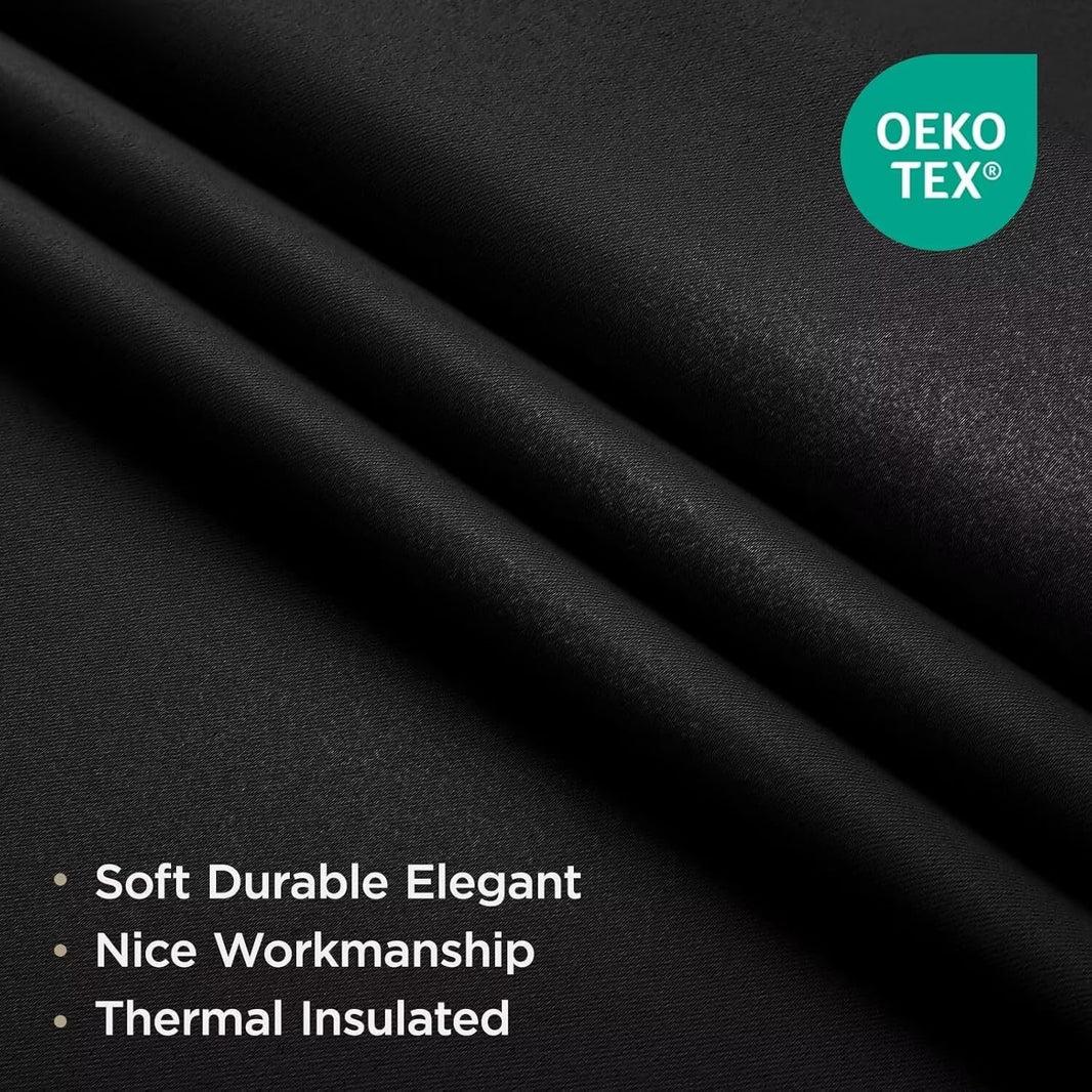 Black OEKO-TEX certified blackout curtain fabric, close-up showing soft, durable texture and thermal insulation properties.