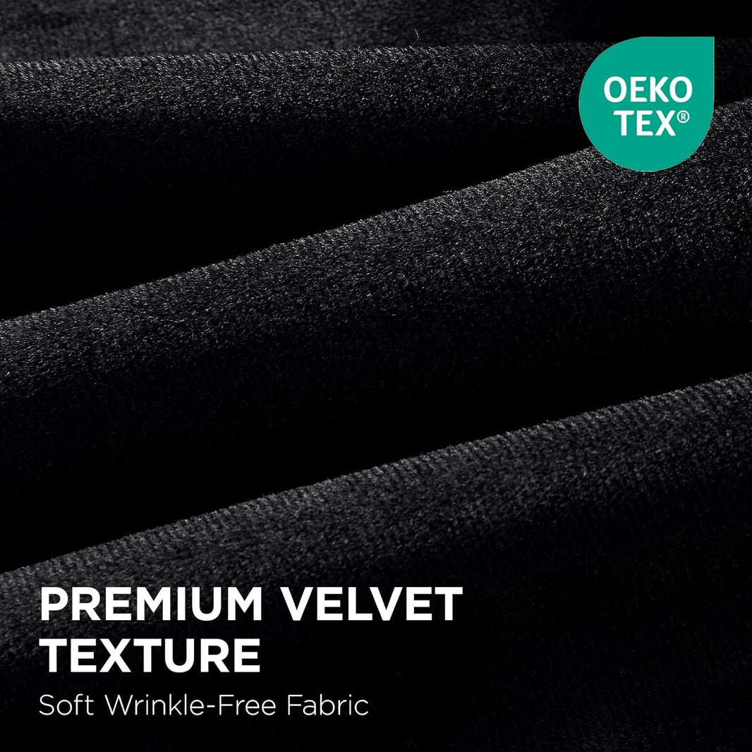 Black velvet fabric texture, OEKO-TEX certified, soft and wrinkle-free blackout curtains.