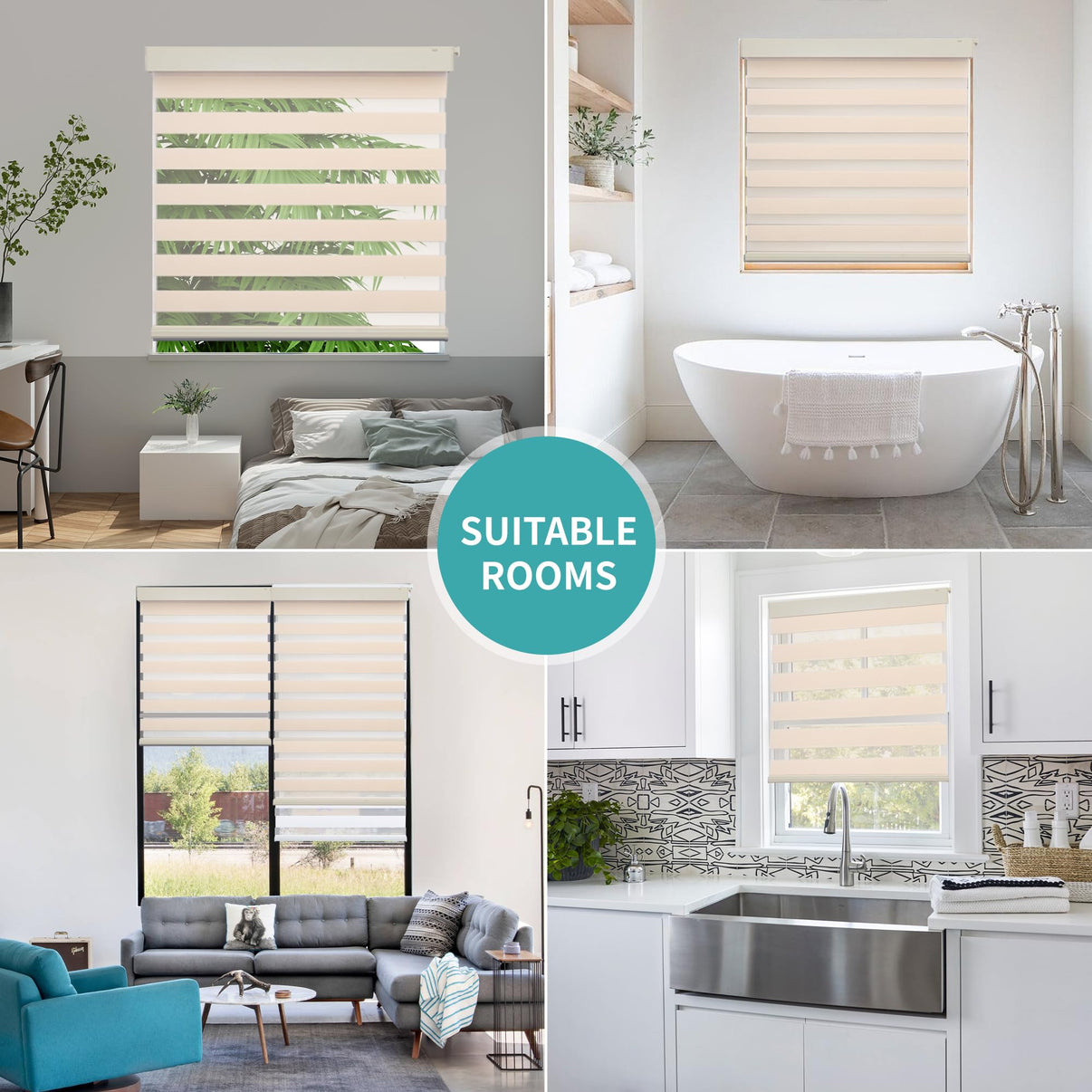 Beige and white cordless zebra blinds installed in bedroom, bathroom, living room, and kitchen.