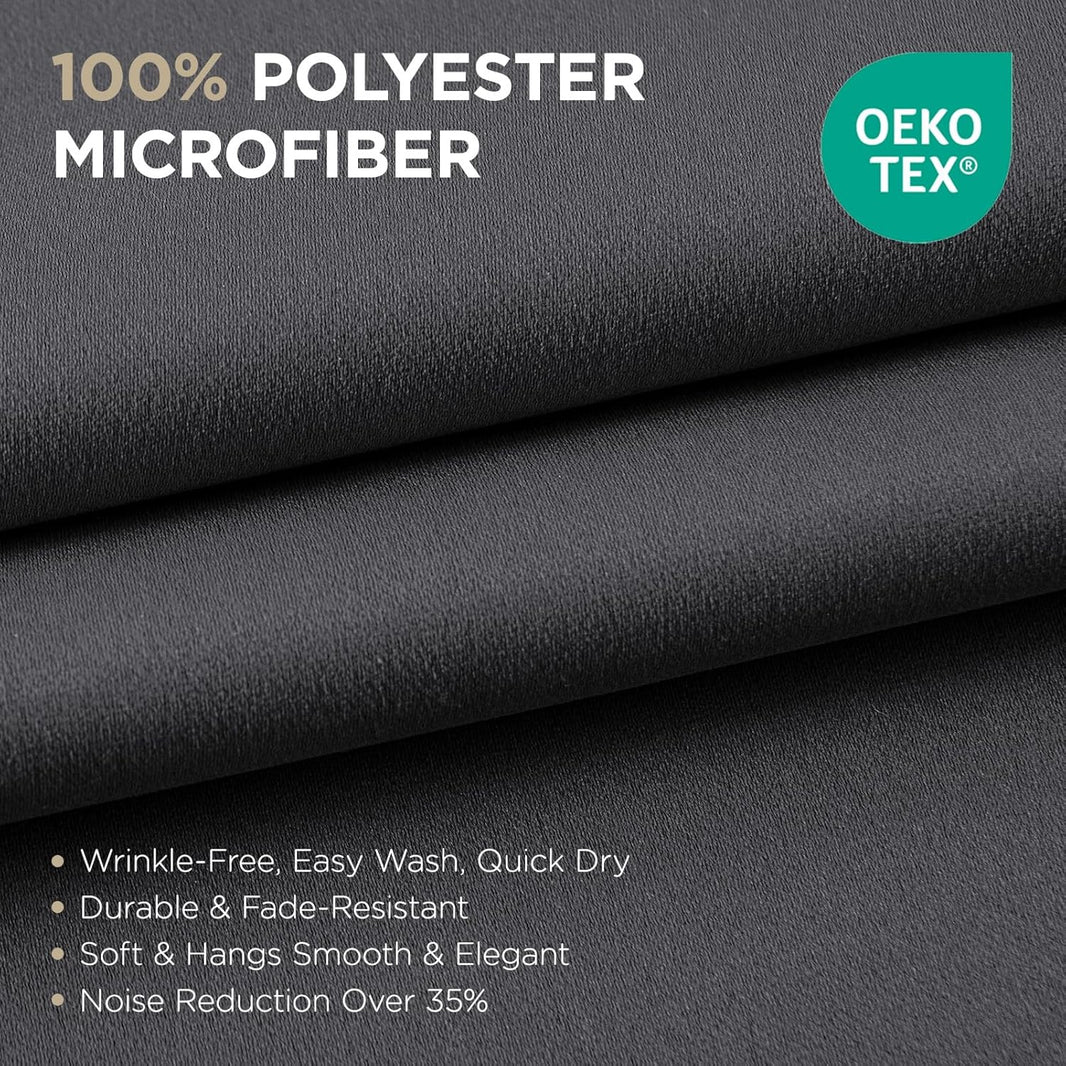 Dark grey 100% polyester microfiber blackout curtain fabric for Joydeco, OEKO-TEX certified, wrinkle-resistant.