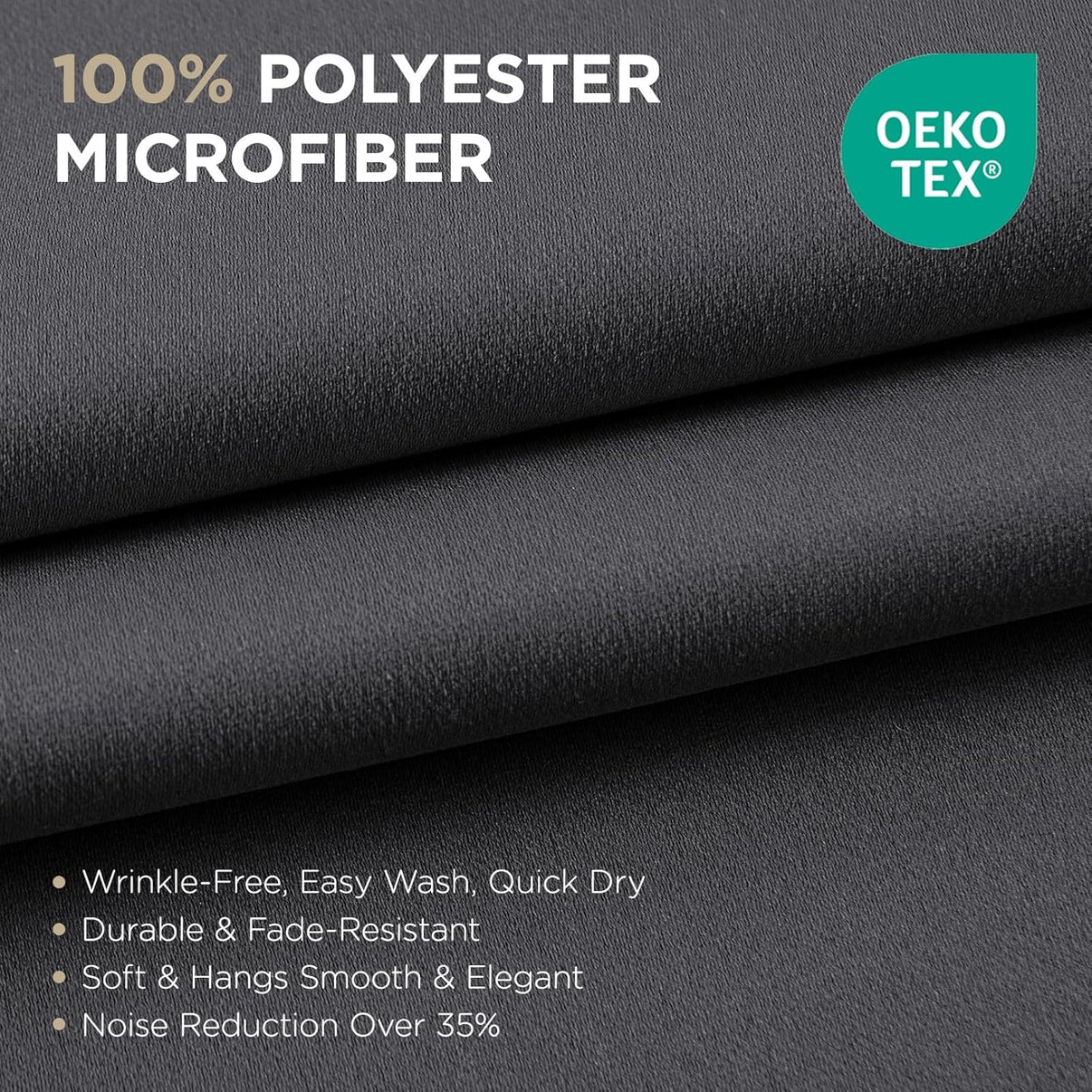 Dark grey 100% polyester microfiber blackout curtain fabric for Joydeco, OEKO-TEX certified, wrinkle-resistant.