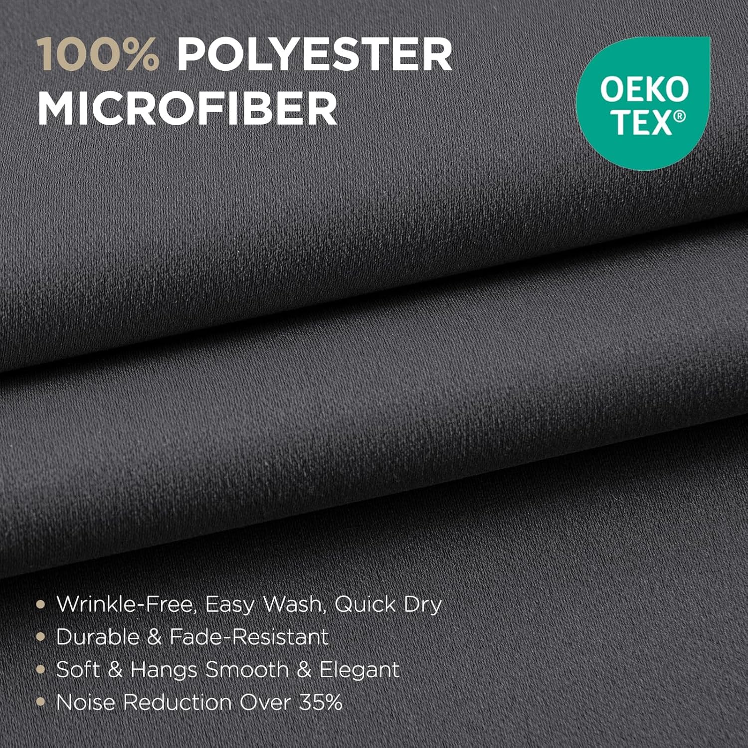 Dark grey 100% polyester microfiber blackout curtain fabric for Joydeco, OEKO-TEX certified, wrinkle-resistant.