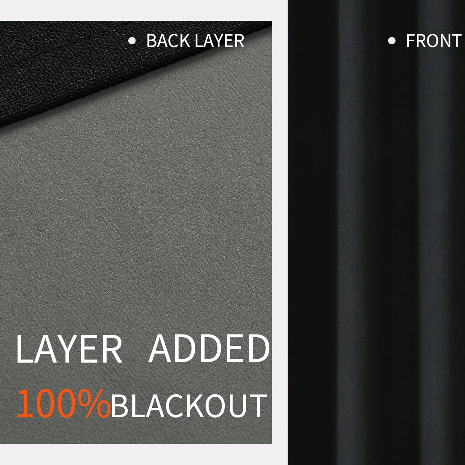 Joydeco black blackout curtain, dual layer construction: grey liner, 100% blackout label, textured front.