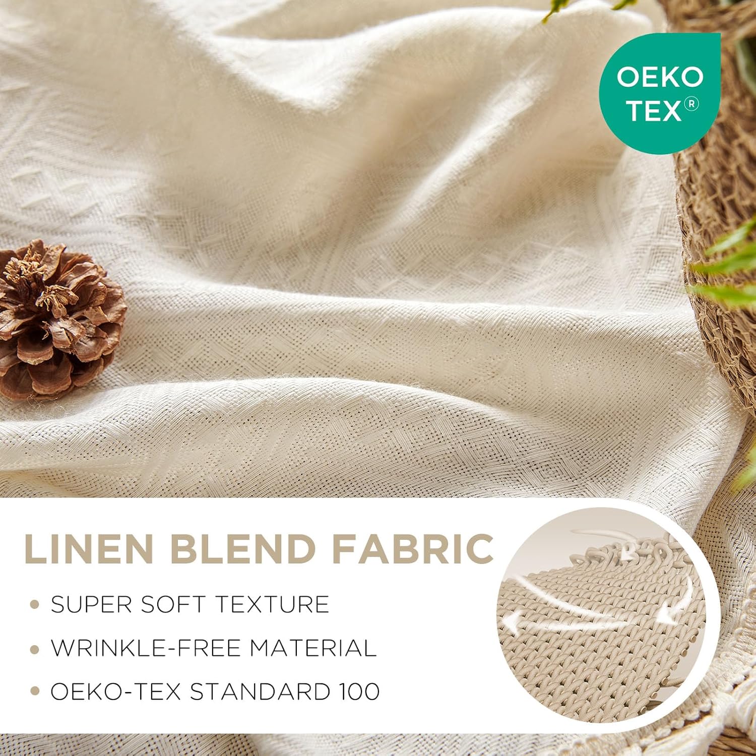 Close up of Joydeco beige linen blend fabric for curtains, OEKO-TEX certified with basket weave texture.