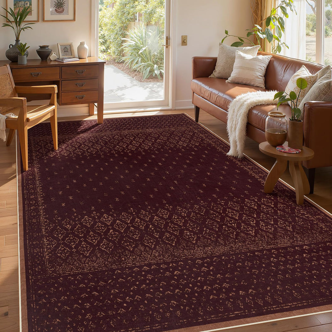 Joydeco 8x10 Washable Rug for Living Room, Burgundy Rugs for Bedroom