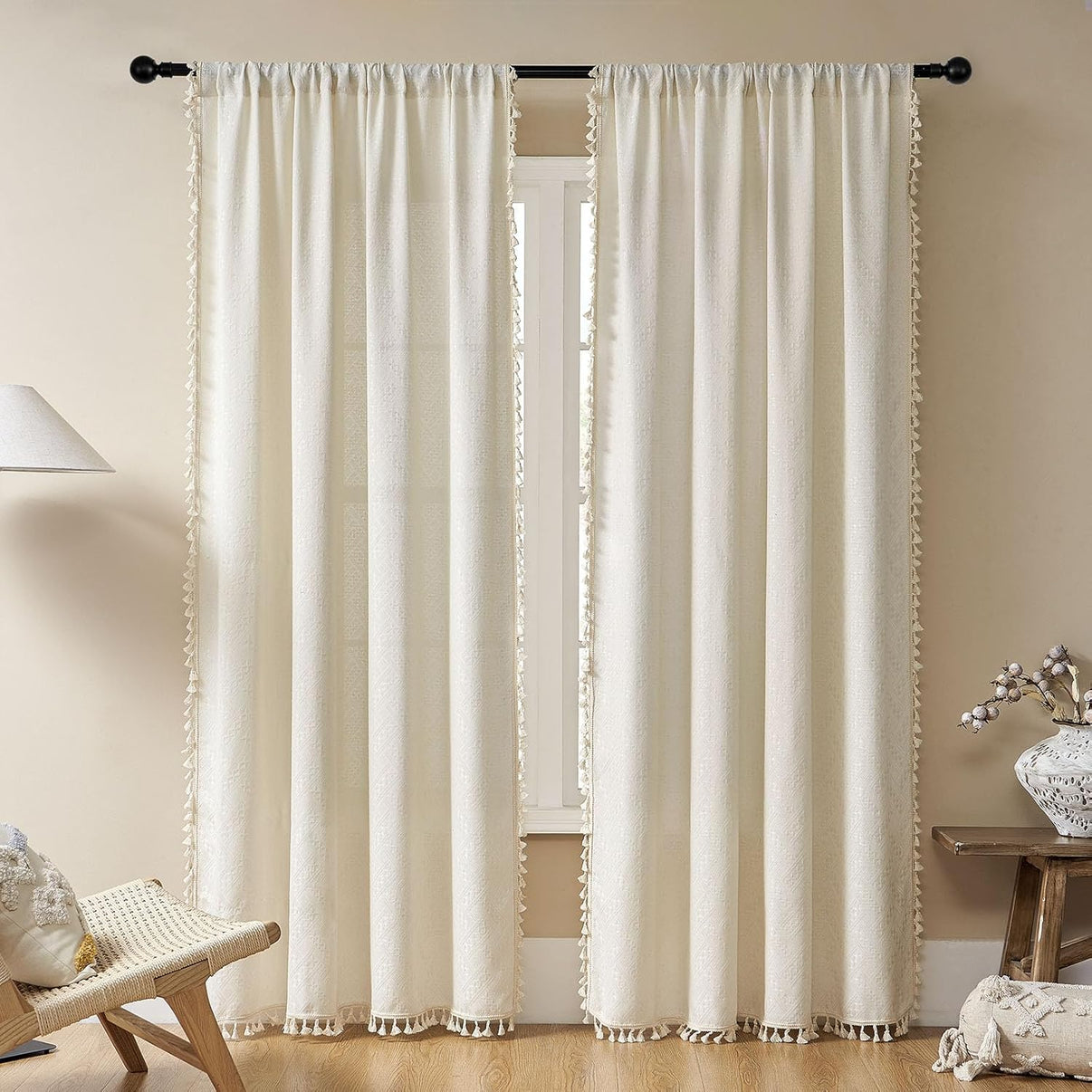 Joydeco beige boho curtains 84 inch with tassels, semi-sheer light filtering drapes for bedroom living room, set of 2 panels.