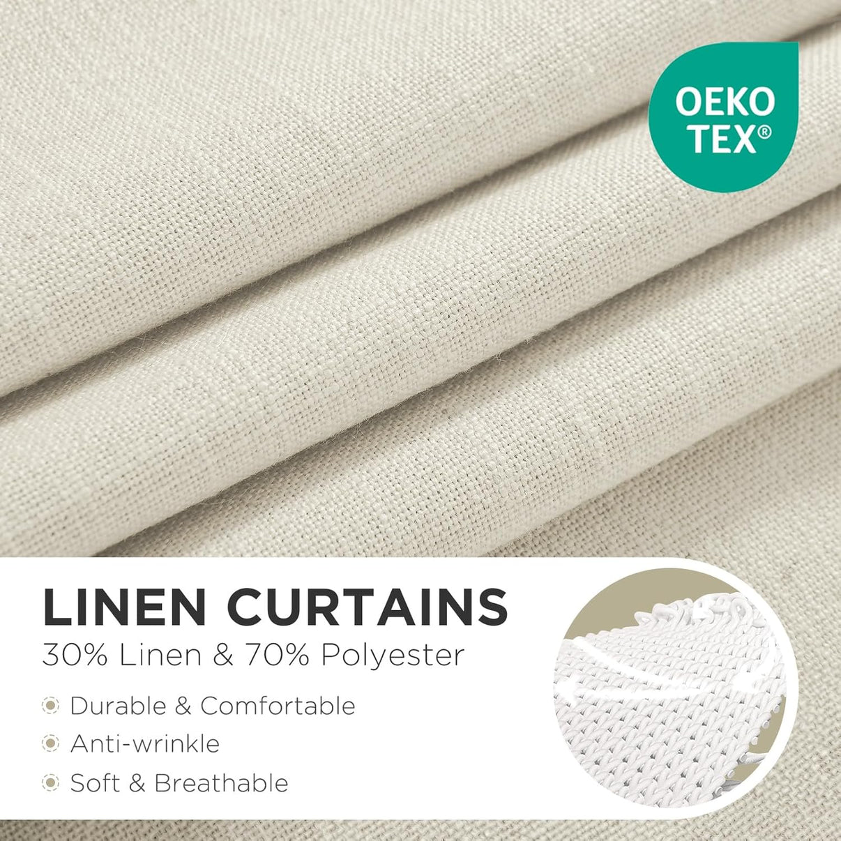 Close-up of ivory linen-blend curtains (30% linen, 70% polyester) showing textured weave and OEKO-TEX certification.