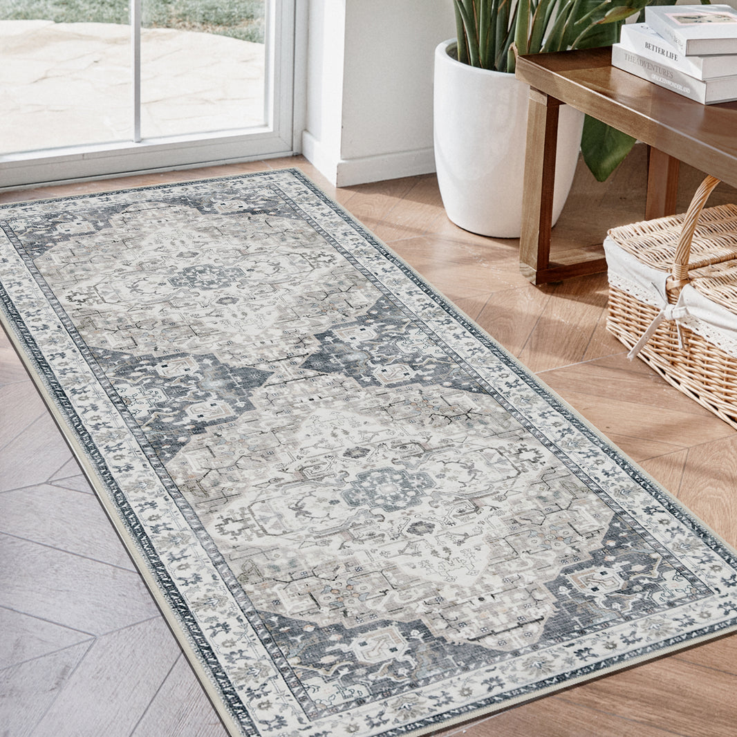 Alfombra de pasillo Joydeco antideslizante, lavable a máquina, estilo vintage, de pelo corto, ligera, con estampado de chenilla, para entrada, pasillo, dormitorio, cocina y pasillo. 