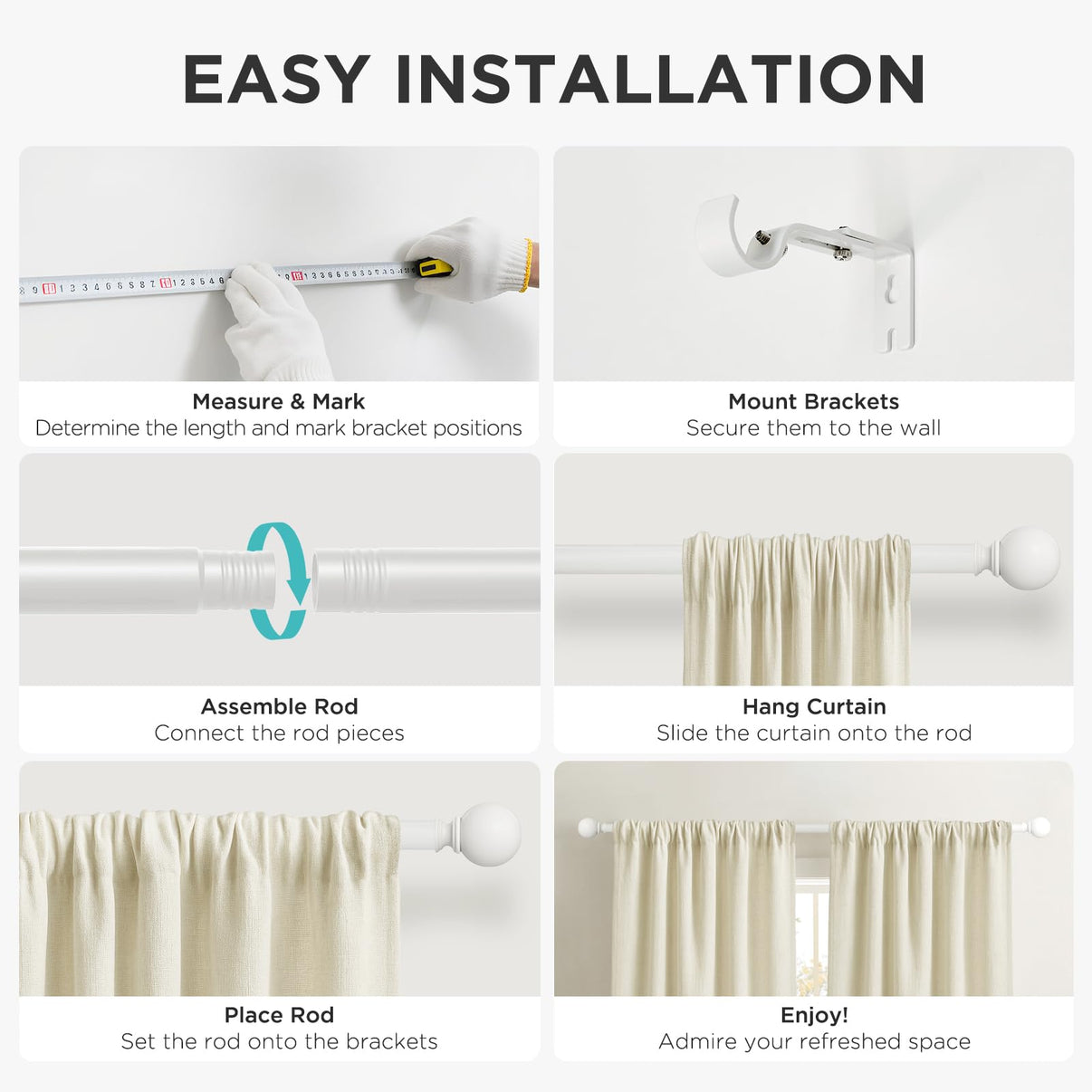 Joydeco matte black curtain rod installation: measure, mount, assemble, hang, place, and enjoy.