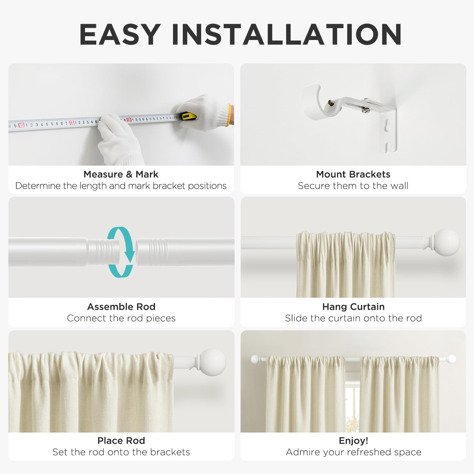 Joydeco matte black curtain rod installation: measure, mount, assemble, hang, place, and enjoy.