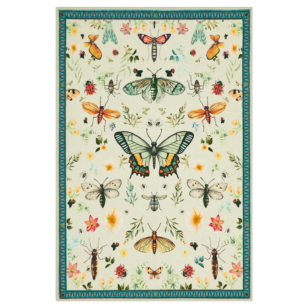 Joydeco Insect Bathroom Rugs Non Slip Washable, Floral Kitchen Rugs Non Slip, Soft Low-Pile Ultra Thin Boho Indoor Floor Throw Carpet for Entryway Bedroom Laundry Entrance