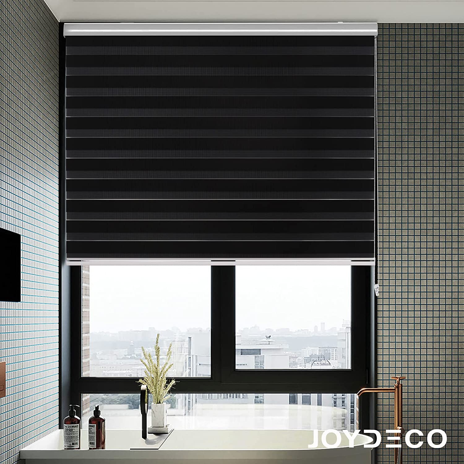 Joydeco black cordless zebra blinds, dual-layer roller shade with sheer stripes for light filtering and privacy.