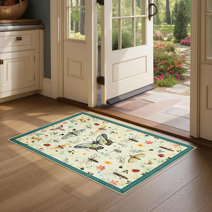 Joydeco Insect Bathroom Rugs Non Slip Washable, Floral Kitchen Rugs Non Slip, Soft Low-Pile Ultra Thin Boho Indoor Floor Throw Carpet for Entryway Bedroom Laundry Entrance
