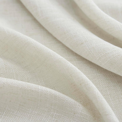 Joydeco natural linen curtain fabric texture. Close-up shows soft folds, light filtering quality for bedroom/living room.