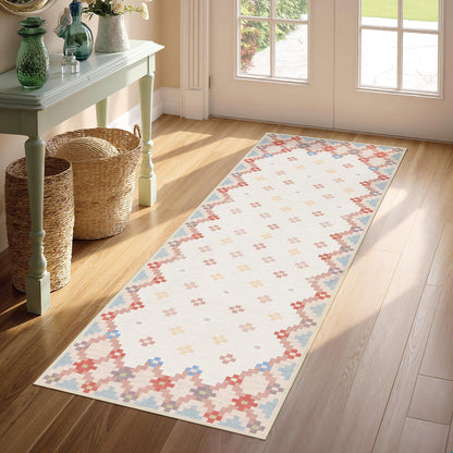 Joydeco Checkered Pink Kitchen Runner Rug Non Slip, Washable Bathroom, Modern Soft Low-Pile Ultra Thin Indoor Floor Throw Carpet for Bedroom Laundry Room Entrance Entryway