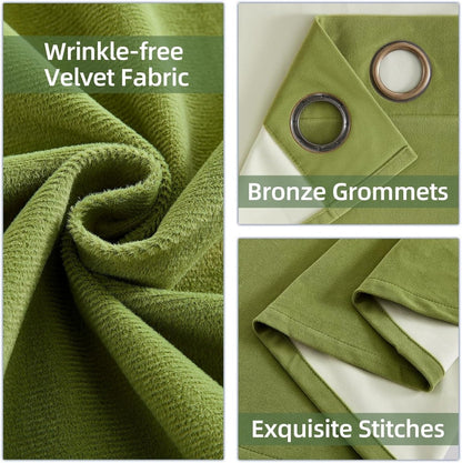 Joydeco 100% Blackout Moss Green Velvet Curtains - 2 Panels , Thermal Insulated, Privacy
