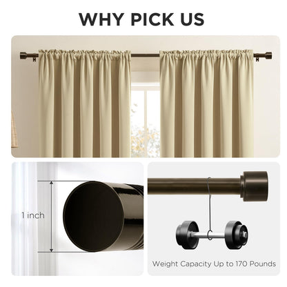 Joydeco Modern Brown Adjustable Curtain Rod 32 to 88 Inches - 1 Inch Diameter Heavy Duty Rod for Living Room & Bedroom