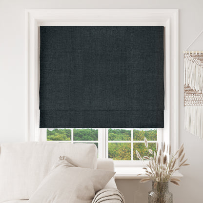 Joydeco Custom Charcoal Textured Blackout Roman Shade, linen-like, cordless, in room setting.
