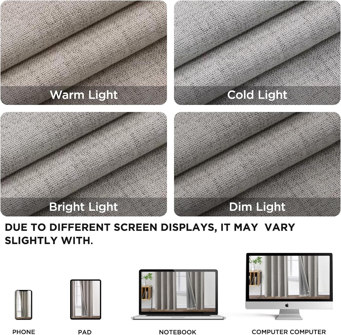 Joydeco greyish white faux linen blackout curtains: color variations under different lighting and screen displays.