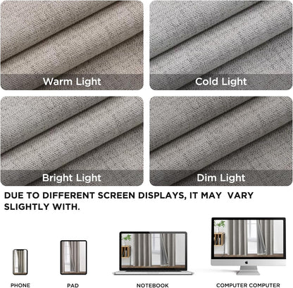 Joydeco greyish white faux linen blackout curtains: color variations under different lighting and screen displays.