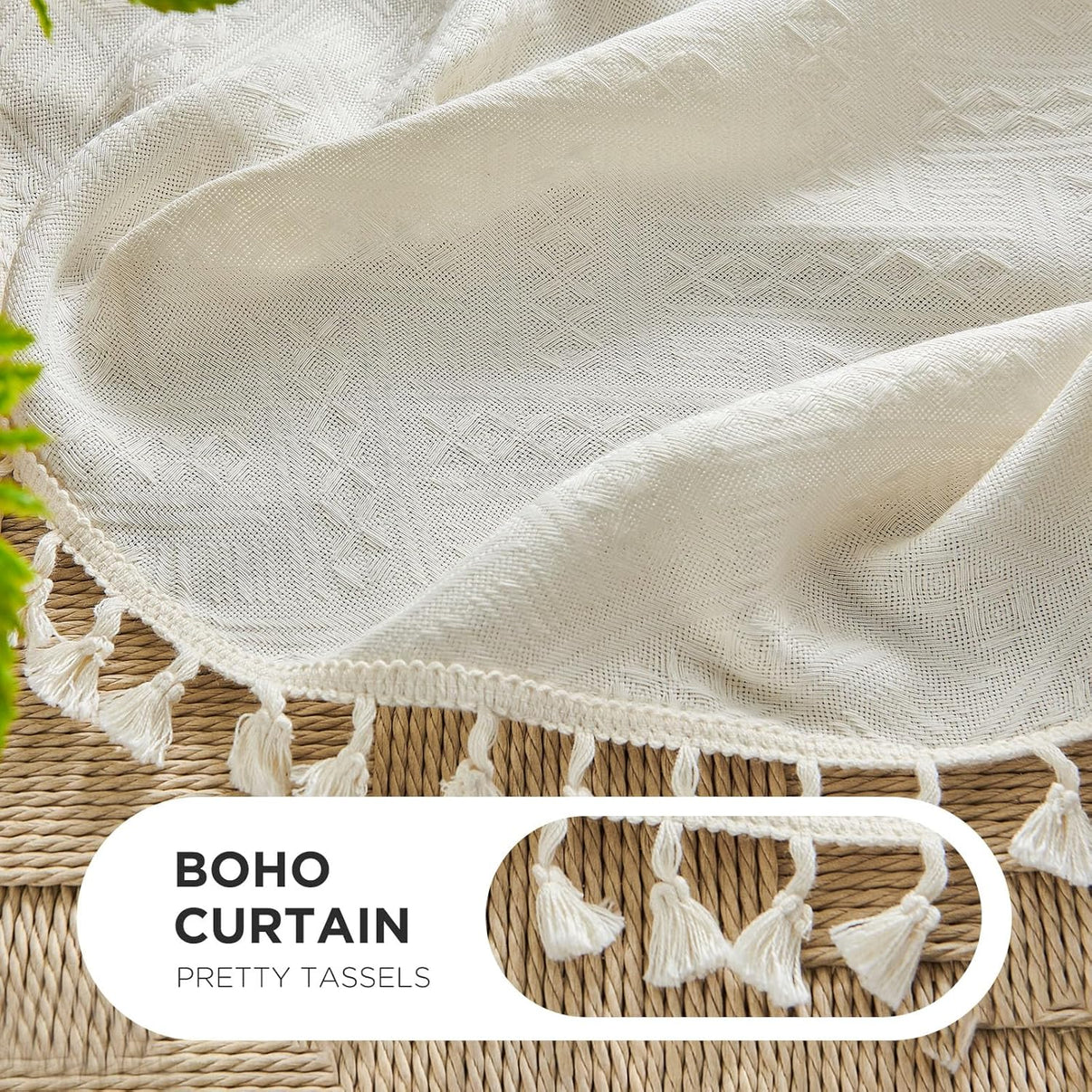 Beige boho curtain with basket weave fabric and white tassel trim, showing material and decorative details.