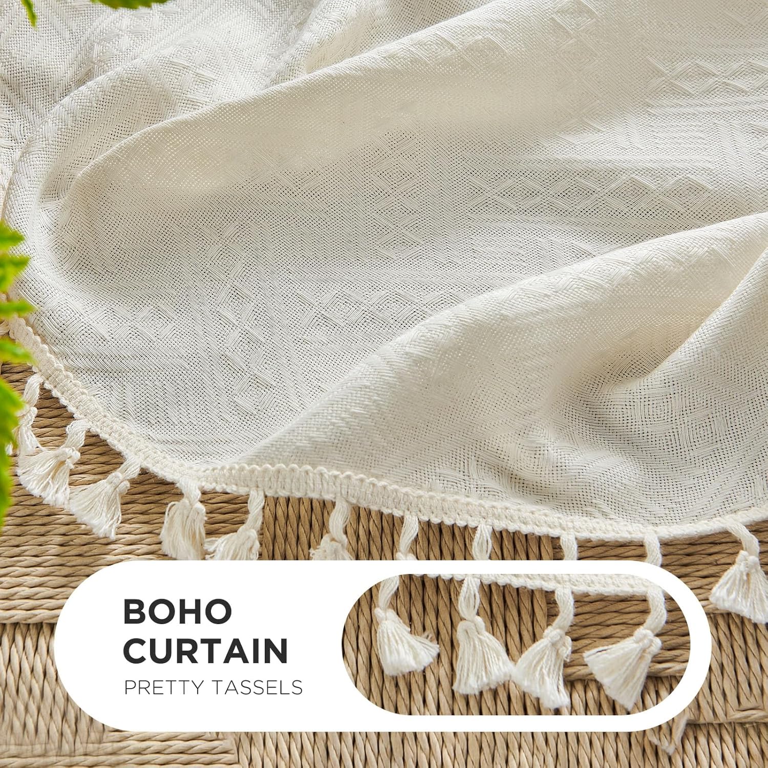 Beige boho curtain with basket weave fabric and white tassel trim, showing material and decorative details.