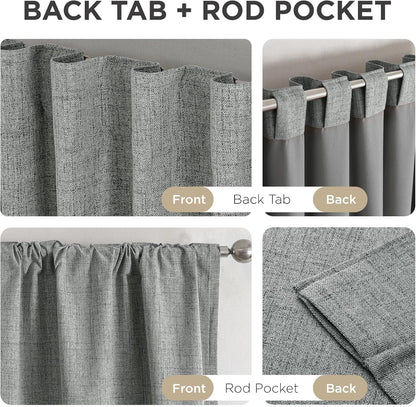 Light grey linen textured blackout curtains showcasing back tab and rod pocket hanging options for bedroom or living room.