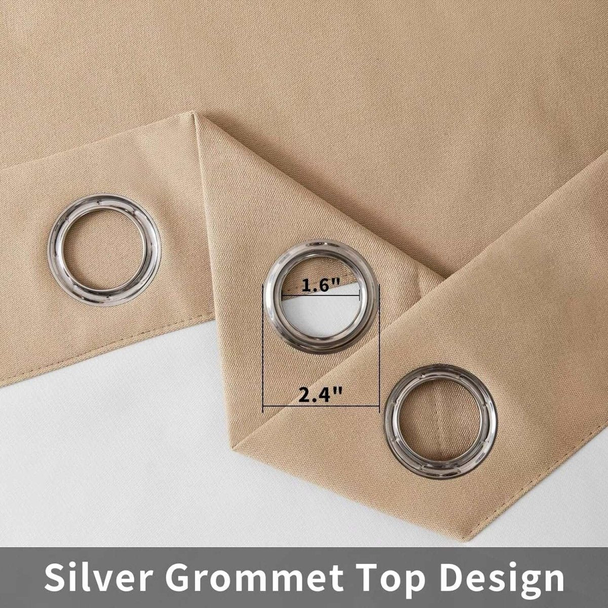 Joydeco beige blackout curtains detailing silver grommets: 1.6" diameter, 2.4" spacing. Sanded fabric texture.