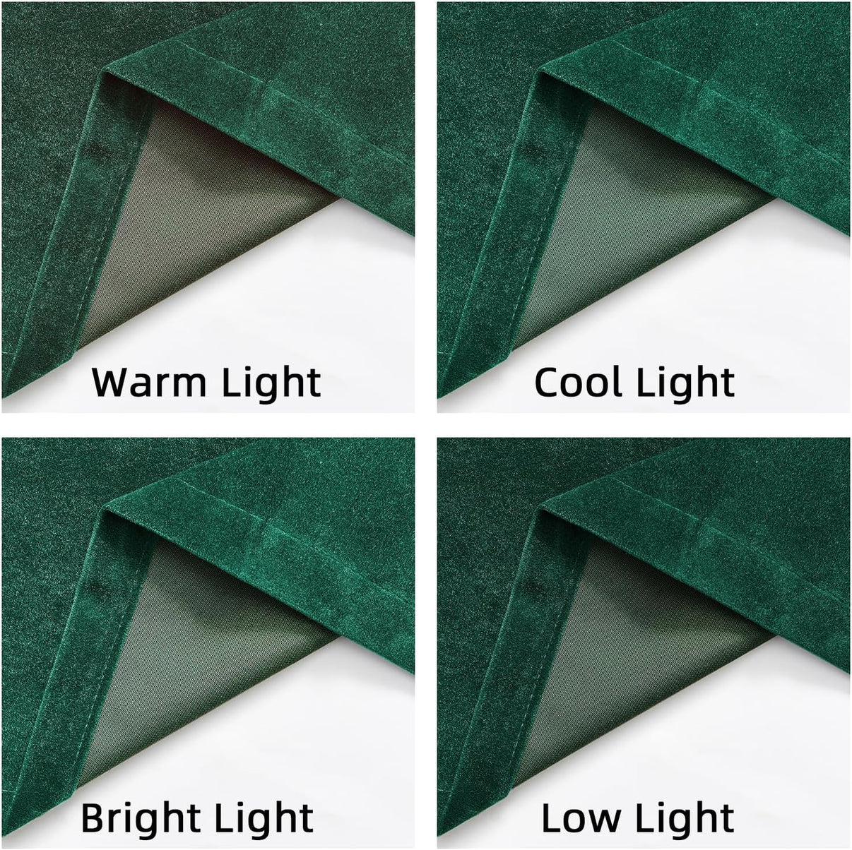 Joydeco dark green velvet curtain fabric texture and blackout lining under warm, cool, bright, and low light conditions.