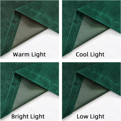 Joydeco dark green velvet curtain fabric texture and blackout lining under warm, cool, bright, and low light conditions.