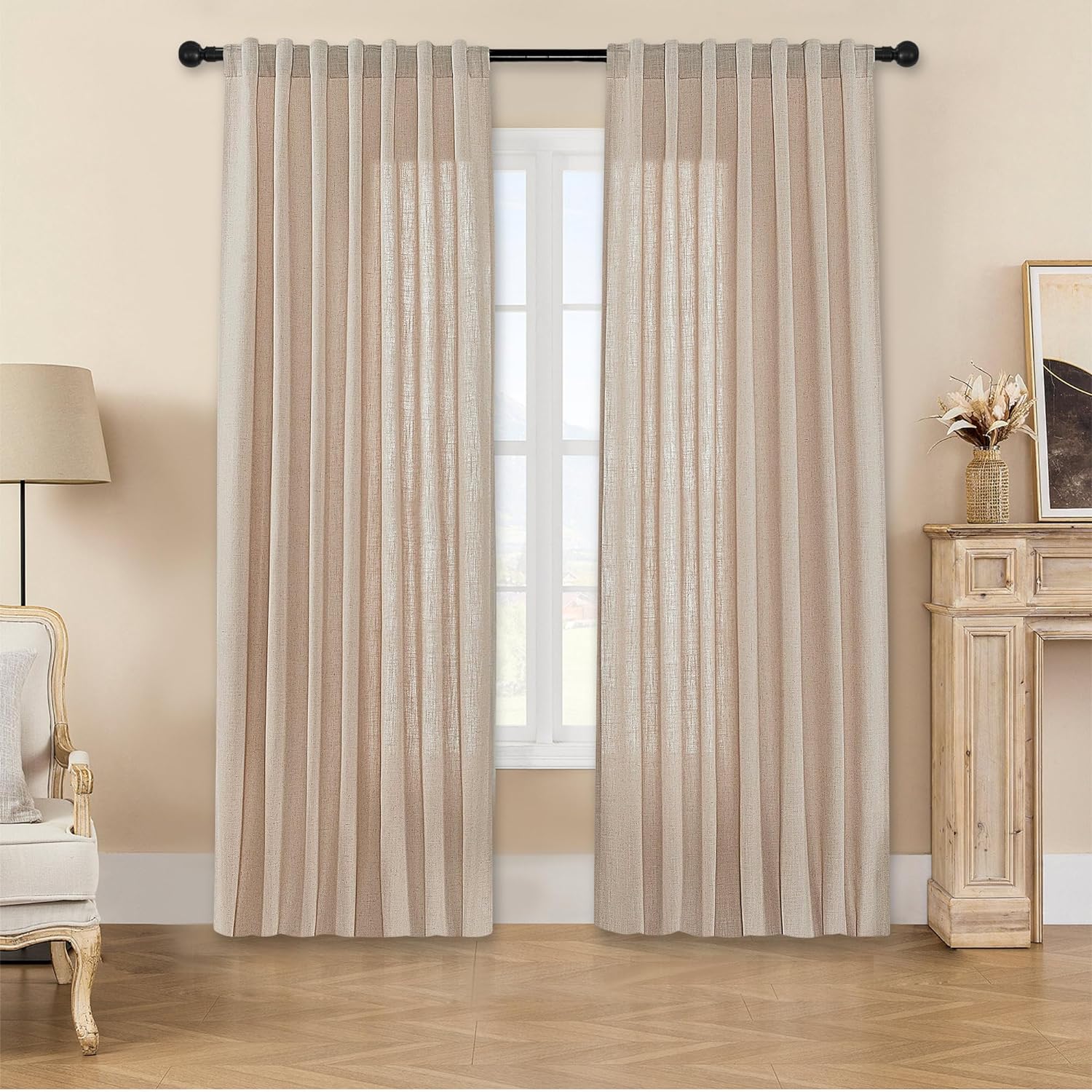 Joydeco off-white semi-sheer linen curtains with textured weave in living room, light filtering through back tab pleats.