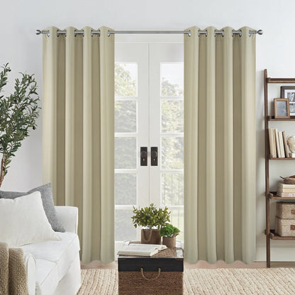 Two beige Joydeco blackout curtains with grommet tops shown on French doors, providing thermal insulation and room darkening.