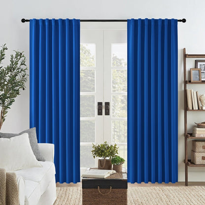Joydeco royal blue blackout curtains, 96 inch, 2 panels, back tab, on French doors in living room.