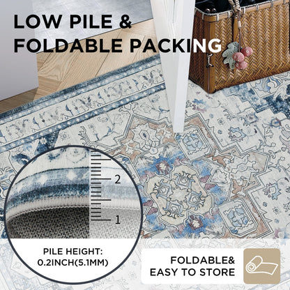 Joydeco Runner Rug Non Slip Machine Washable Vintage Rug, Low Pile Non Slip Chenille Print Rugs for Living Room, Entryway, Bedroom, Kitchen and Corridor, Bathroom