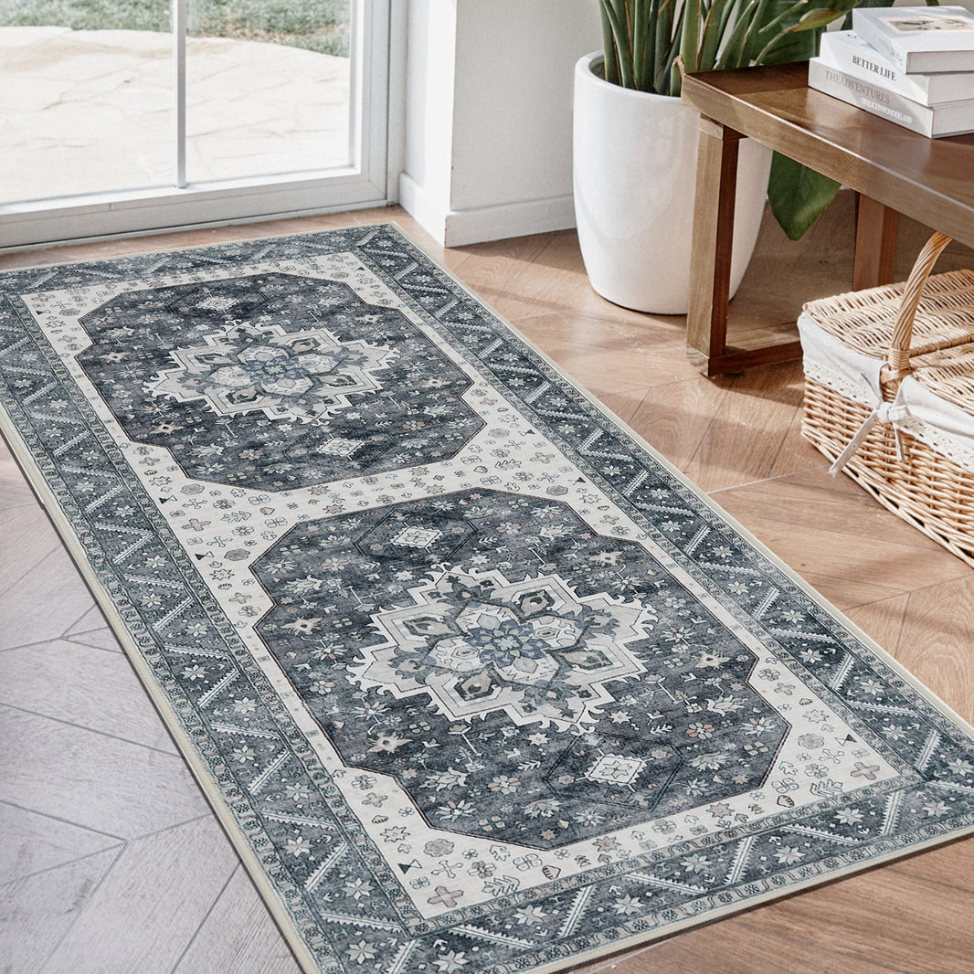 Alfombra de pasillo Joydeco antideslizante, lavable a máquina, estilo vintage, de pelo corto, ligera, con estampado de chenilla, para entrada, pasillo, dormitorio, cocina y pasillo. 