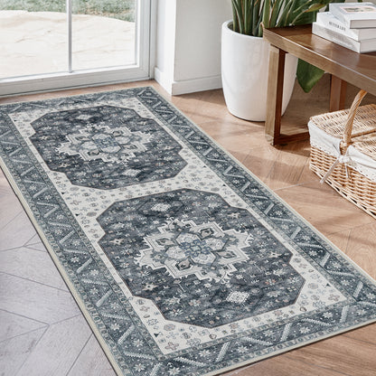 Joydeco Living Room Rug, Non Slip Machine Washable Vintage Runner Rug, Low Pile Lightweight Chenille Print Rugs for Entryway, Hallway, Bedroom, Kitchen and Corridor