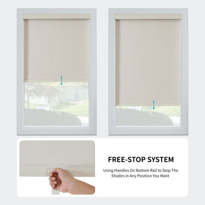 Cream Free-Stop cordless blackout roller shade demonstrating adjustable height and handle operation for the free-stop system.