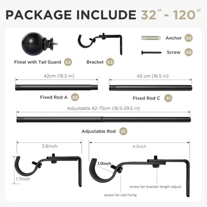 Joydeco Matte Black Adjustable Curtain Rod 32 to 120 Inches - 1 Inch Diameter Heavy Duty Rod for Sliding Doors, Patio & Outdoor