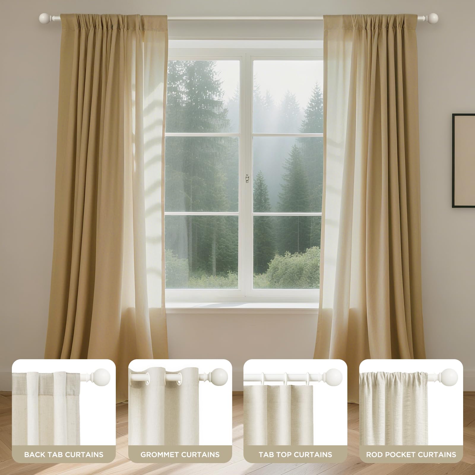 Joydeco matte black adjustable curtain rod demonstrating back tab, grommet, tab top, and rod pocket curtain styles.