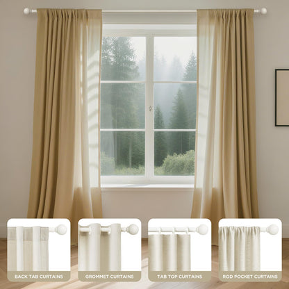 Joydeco matte black adjustable curtain rod demonstrating back tab, grommet, tab top, and rod pocket curtain styles.