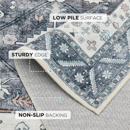 Joydeco Living Room Rug, Non Slip Machine Washable Vintage Runner Rug, Low Pile Lightweight Chenille Print Rugs for Entryway, Hallway, Bedroom, Kitchen and Corridor