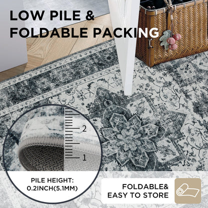 Joydeco Runner Rug Non Slip Machine Washable Vintage Rug, Low Pile Non Slip Chenille Print Rugs for Living Room, Entryway, Bedroom, Kitchen and Corridor, Bathroom