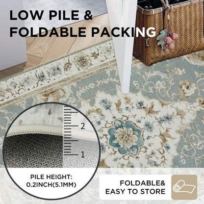 Joydeco Runner Rug Non Slip Machine Washable Vintage Rug, Low Pile Non Slip Chenille Print Rugs for Living Room, Entryway, Bedroom, Kitchen and Corridor, Bathroom