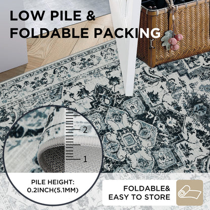 Joydeco Runner Rug Non Slip Machine Washable Vintage Rug, Low Pile Non Slip Chenille Print Rugs for Living Room, Entryway, Bedroom, Kitchen and Corridor, Bathroom