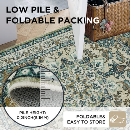 Joydeco Runner Rug Non Slip Machine Washable Vintage Rug, Low Pile Non Slip Chenille Print Rugs for Living Room, Entryway, Bedroom, Kitchen and Corridor, Bathroom