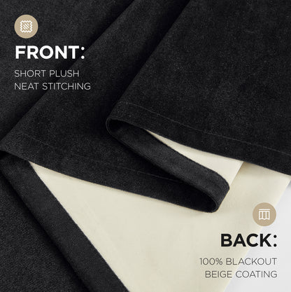Joydeco black velvet curtain fabric front with short plush texture and neat stitching, back with beige 100% blackout coating.